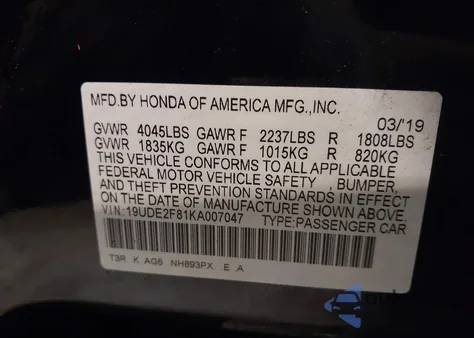 2019 Acura Ilx Premium A-Spec Packages/Technology A-Spec Packages from USA, damaged, VIN 19UDE2F81KA007047